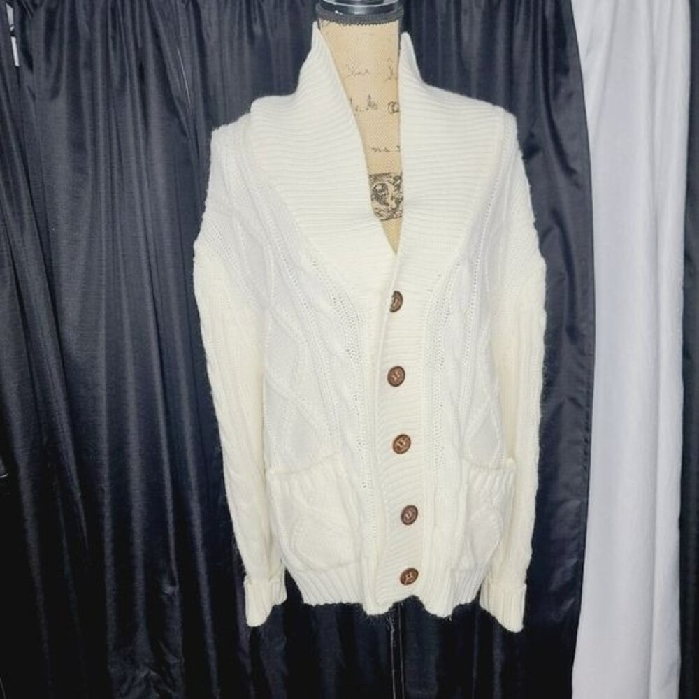Vintage 70s Sears White Chunky Knit Cardigan Sweater